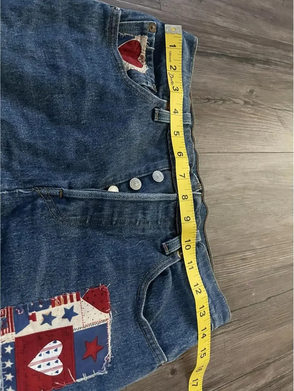 Handmade Levi’s Denim Patchwork Hearts Skirt Women's Sz 28